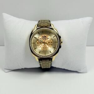 COACH 14503150 Boyfriend Brown Signature Leather Gold Steel Pave Women’s Watch